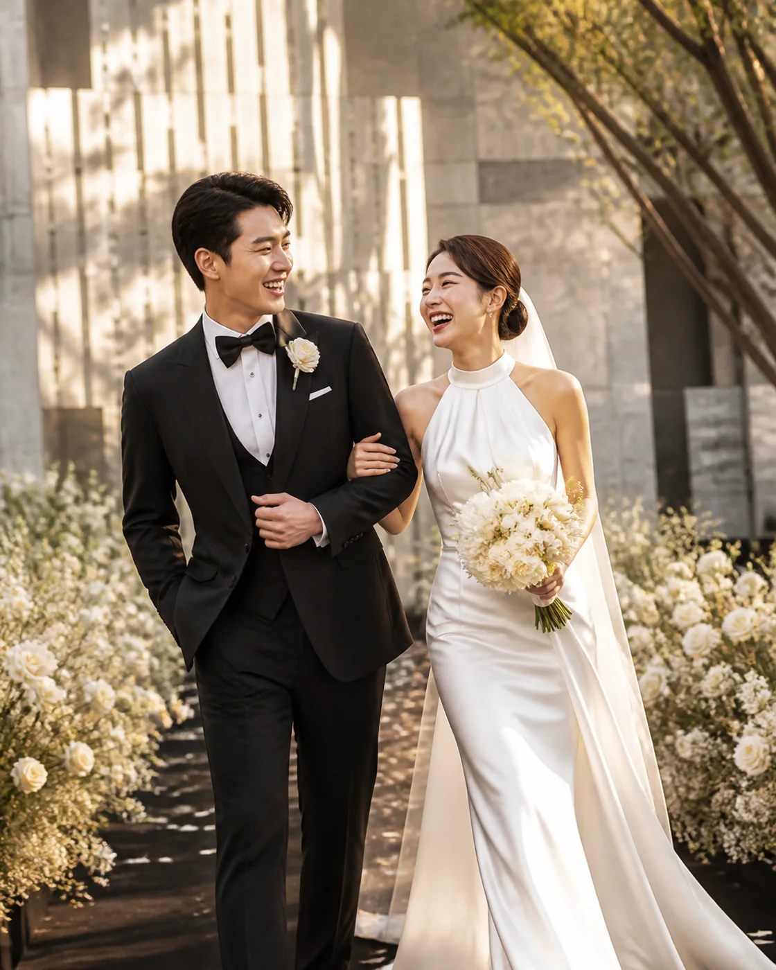 คู่บ่าวสาวเดินด้วยกันในสวน
